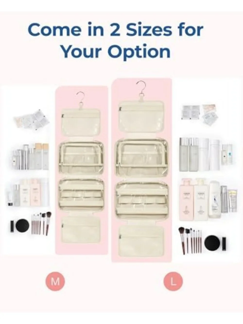 Travel Toiletry Bag with Jewelry Organizer | Hanging Makeup Cosmetic Bag | Beige